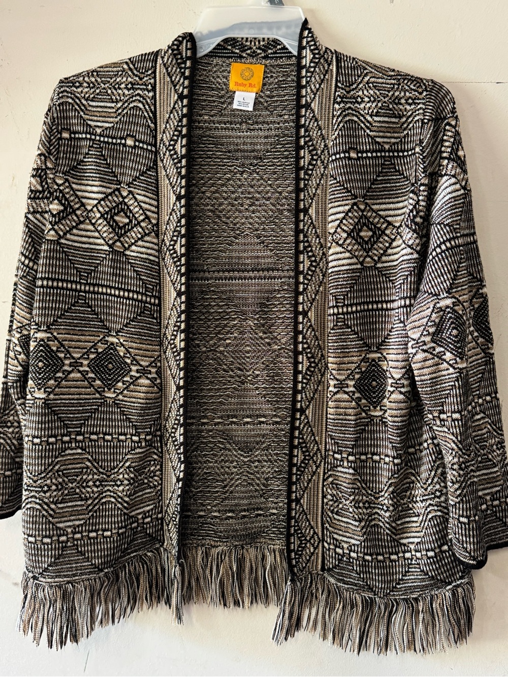 Ruby Rd. Black & Cream Geometric Fringe Open Cardigan
